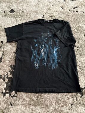Kith Black T-Shirt with Blue Flame Graphic